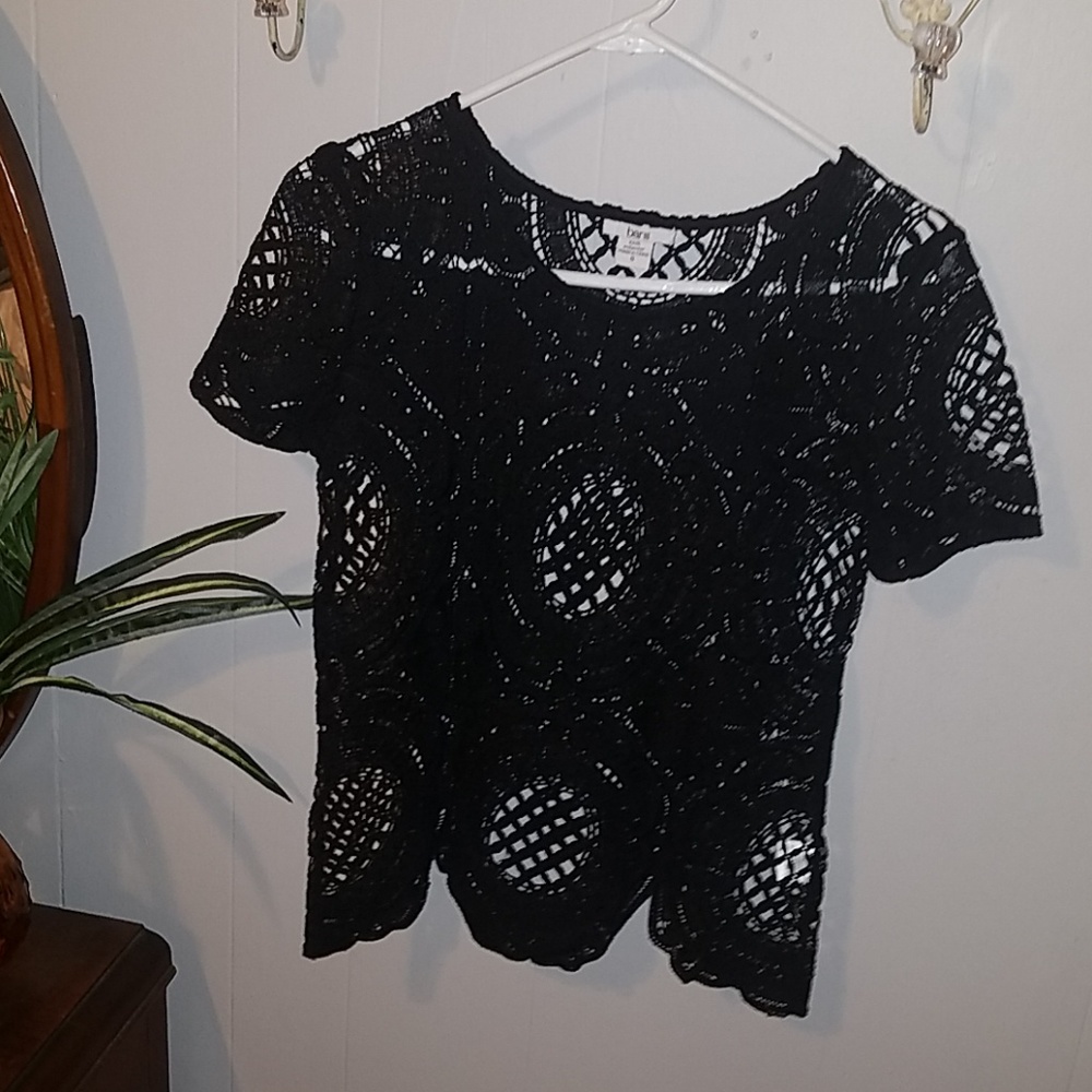 Bar III Black Crocheted Scalloped Blouse Small